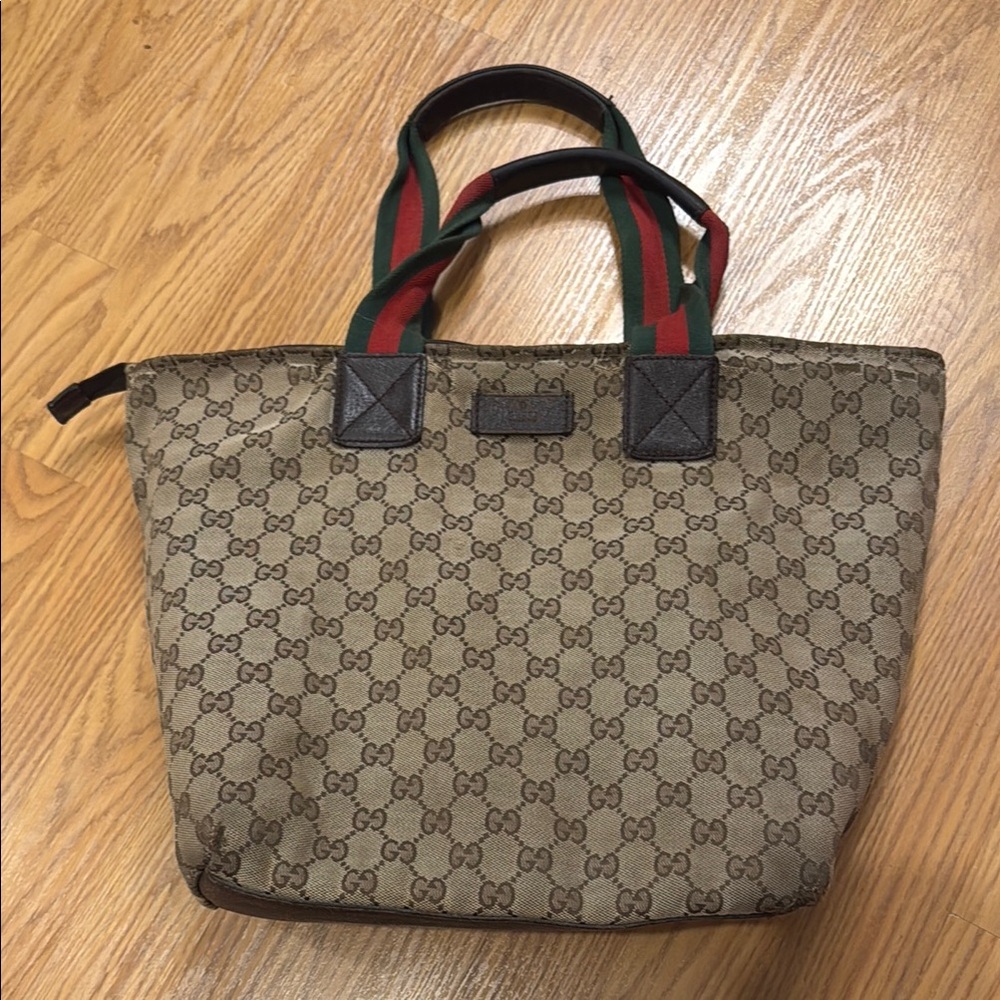 Gucci Beige Monogram Tote with Green and Red Straps